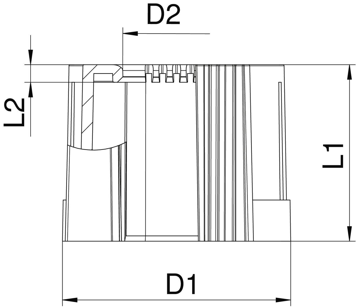 Technische Zeichnung eines Bauteils mit den Maßen: Außendurchmesser D1, Innendurchmesser D2, Gesamtlänge L1 und Innenlänge L2.