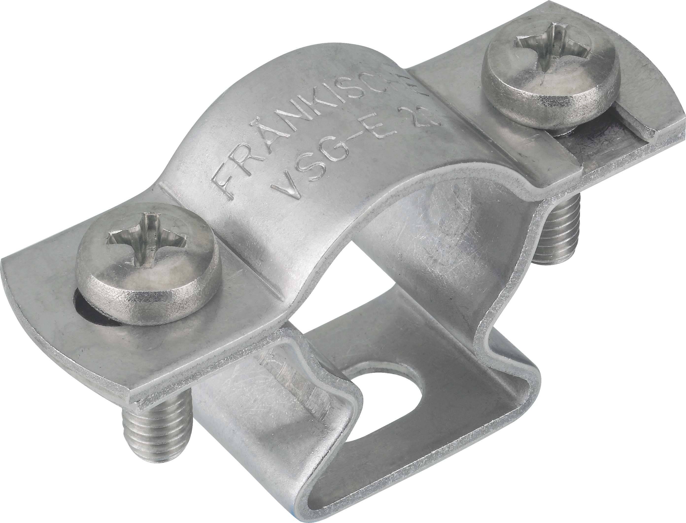 Metallische Kabelschelle mit zwei Schrauben, Aufschrift 'FRÄNKISCHE VSG-E 2', zur Befestigung von Kabeln an Oberflächen.