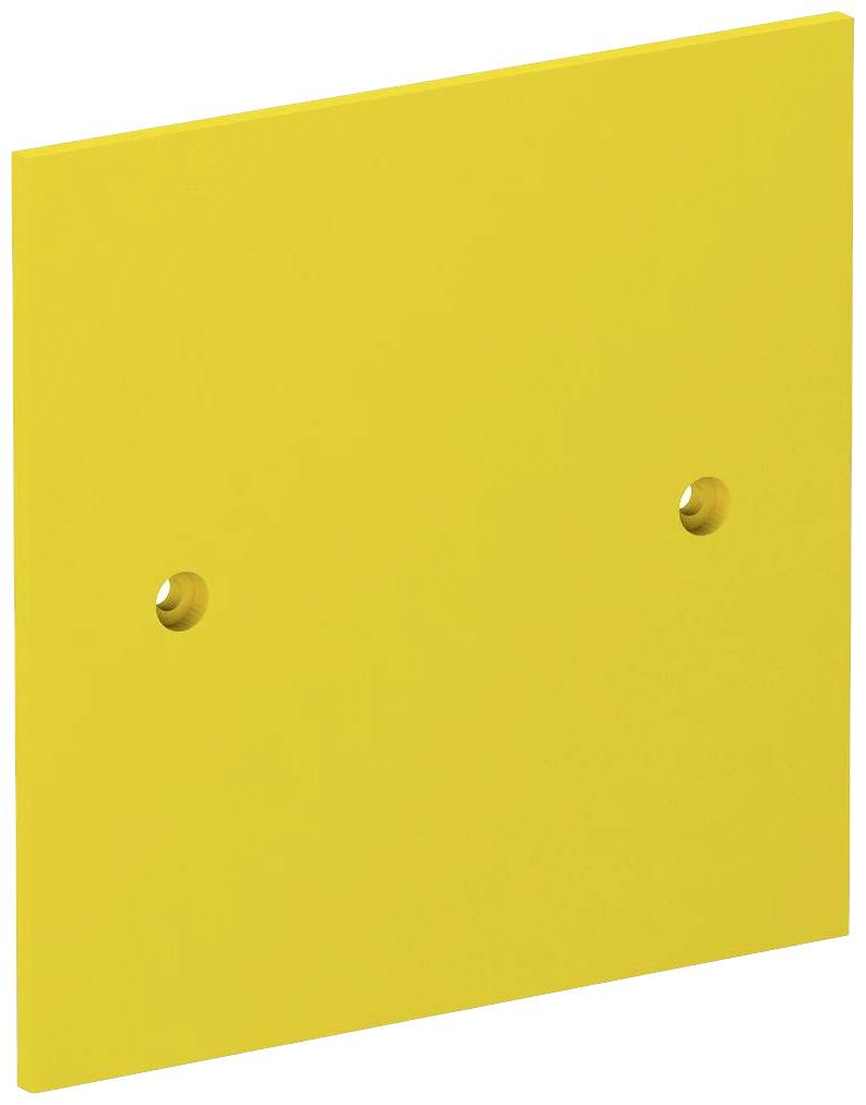 Gelbe quadratische Platte mit zwei kreisförmigen Löchern in der Mitte, vermutlich für Befestigungszwecke.