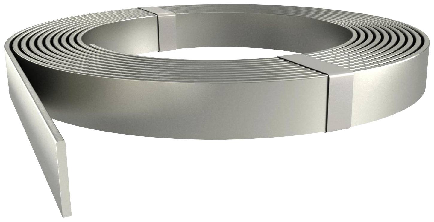 Eine lange Rolle aus flachem Metallband, gleichmäßig aufgewickelt, mit zwei Klebebändern fixiert.