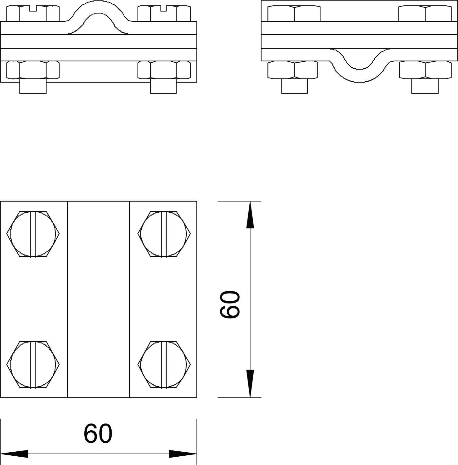 Technische Zeichnung einer Halterung mit Maßen 60x60 mm. Zeigt drei Ansichten: Seite, Vorderseite, Draufsicht mit Schraubenpositionierung und Maße.