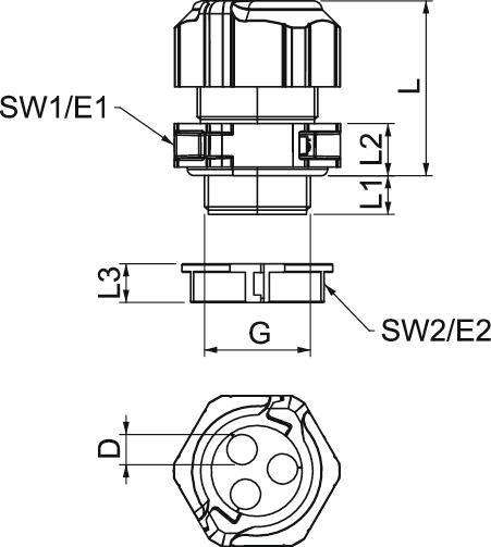 Technische Zeichnung eines Kabeldurchlasses mit verschiedenen Maßangaben: SW1/E1, SW2/E2, L, L1, L2, L3, G und Durchmesser D.