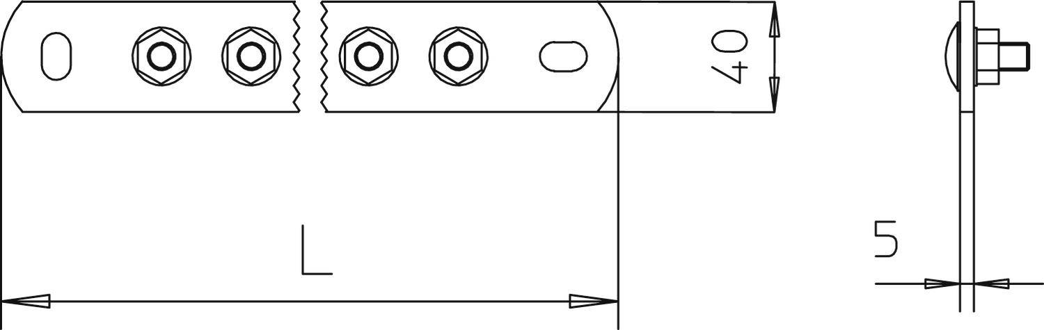 Technische Zeichnung eines Metallwinkels mit Maßen. Breite: 40 mm, Höhe: 5 mm, Länge: L (nicht spezifiziert). Enthält Bohrungen und Schraubenansichten.
