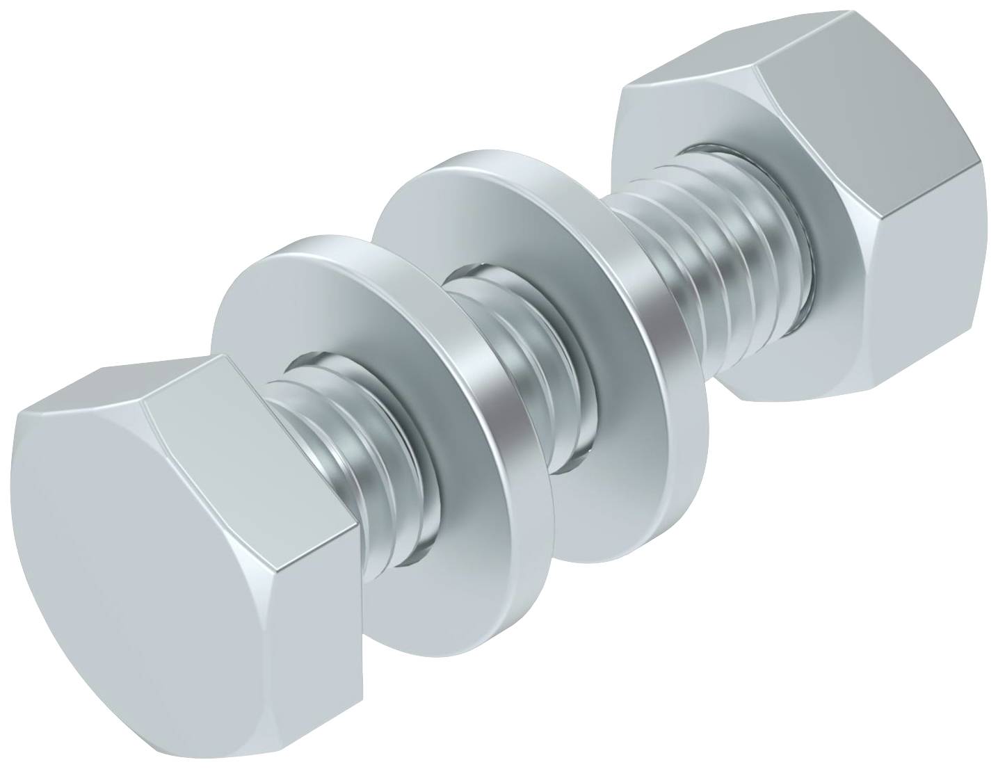 Eine metallische Schraube mit zwei Muttern und zwei Unterlegscheiben, symmetrisch angeordnet, dargestellt auf weißem Hintergrund.