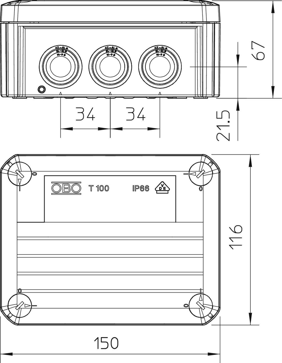 Technische Zeichnung eines rechteckigen Gehäuses mit den Maßen 150x116x67 mm, drei runden Öffnungen und IP68-Schutzklasse.