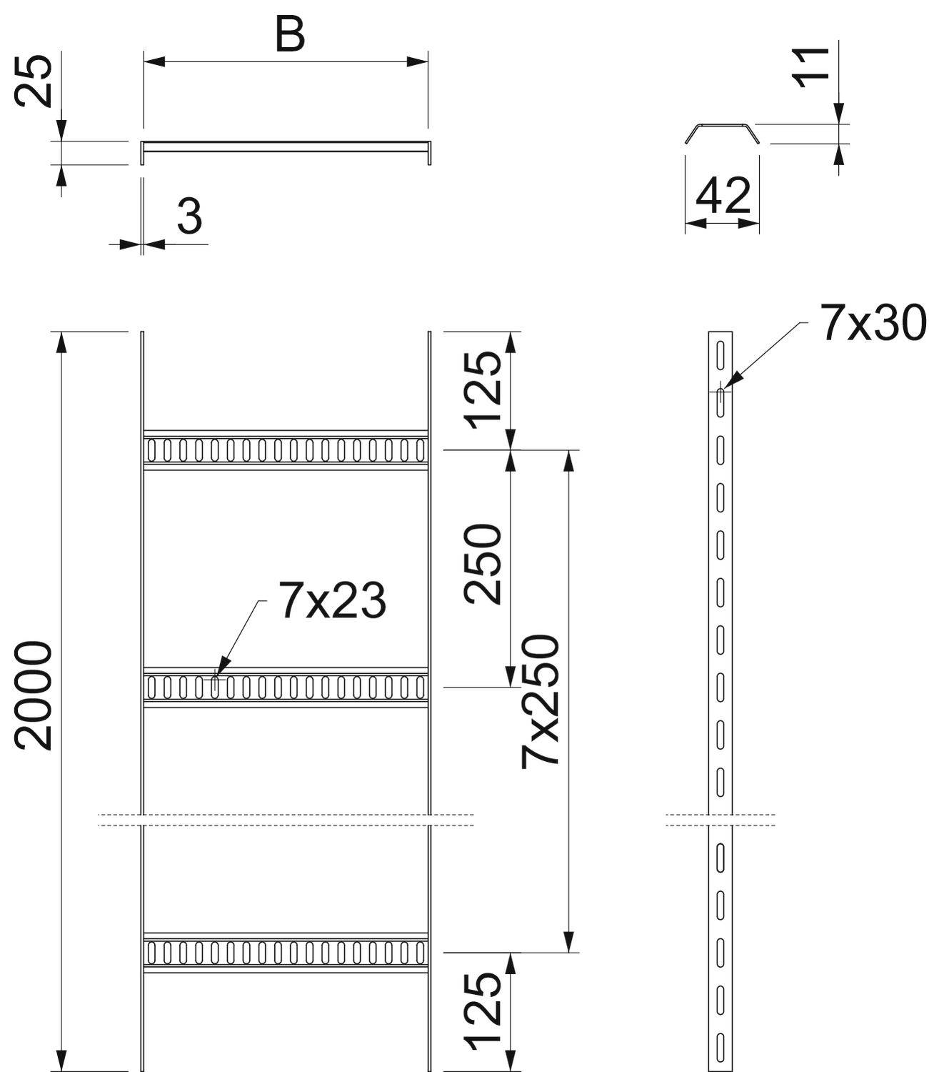 Technische Zeichnung eines Regals mit Maßen. Höhe 2000 mm, Breite 'B'. Details zeigen Lochmusterspezifikationen (7x23, 7x30). Relevant für Montage und Konstruktion.