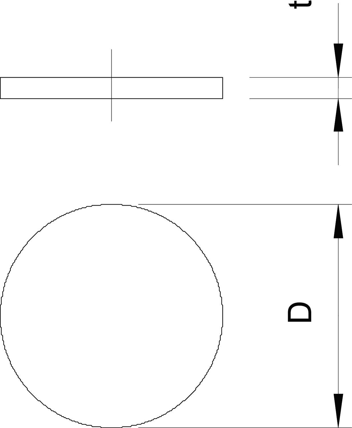 Technische Zeichnung eines Zylinders mit Durchmesser 'D' und Höhe 't' in Draufsicht und Seitenansicht.
