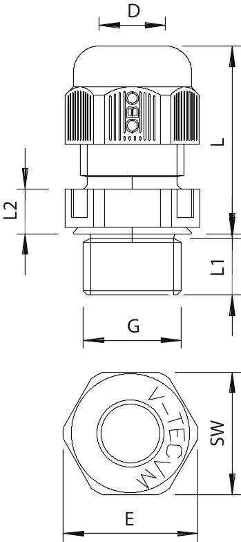 Technische Zeichnung eines Kabelverschraubungsmodells mit Maßangaben D, L1, L2, G, E und MS. Seitenansicht und Draufsicht dargestellt.