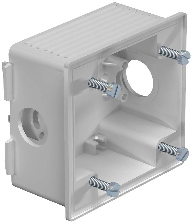 Ein graues, rechteckiges Gehäuse mit offenen Seiten, das Schrauben und Bohrlöcher enthält.