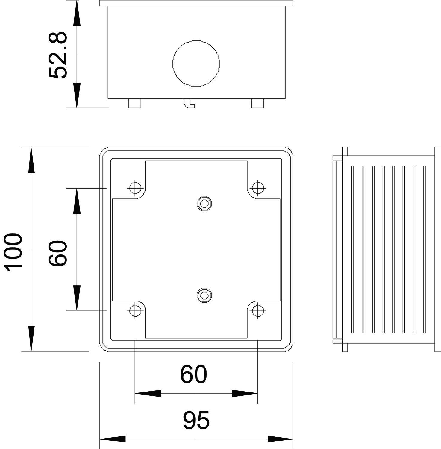 Technische Zeichnung einer Metallbox. Maße: Höhe 100mm, Breite 95mm, Tiefe 60mm. Seitenansicht zeigt Lüftungsschlitze.