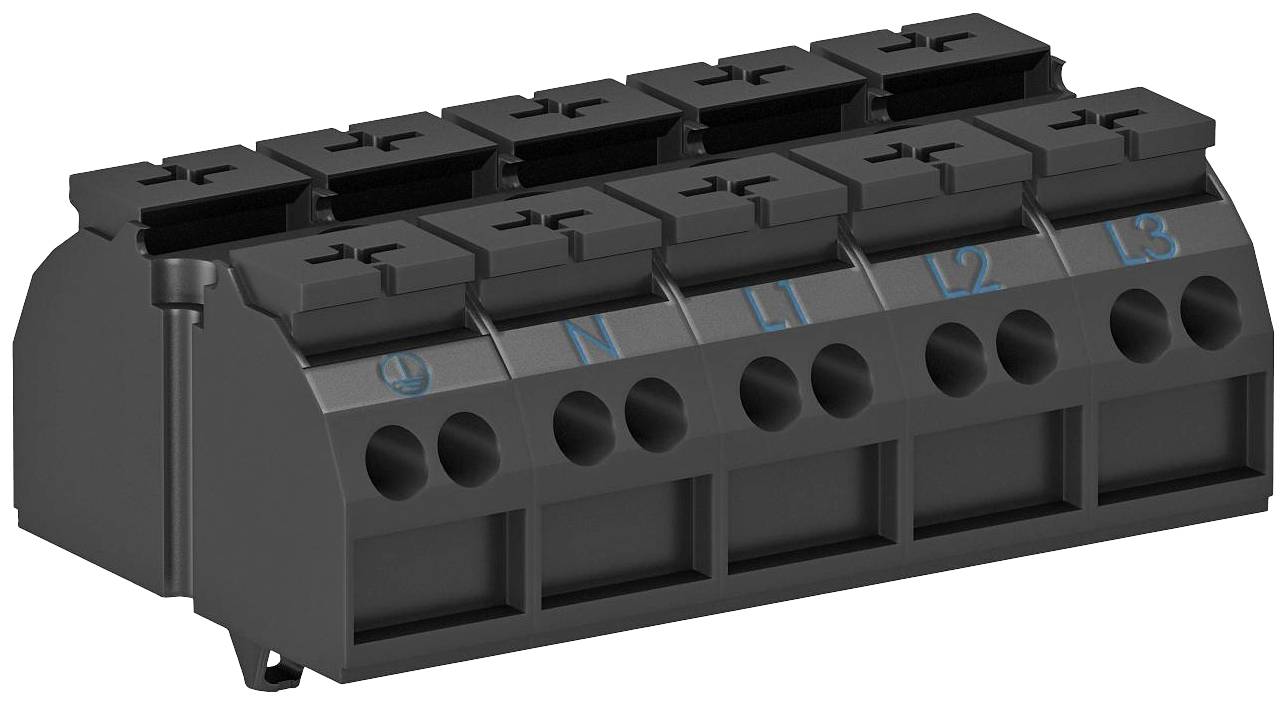 Schwarze elektrische Klemme mit Beschriftungen 'N', 'L1', 'L2', 'L3' für Mehrphasenanschlüsse, zeigt mehrere Anschlussmöglichkeiten.