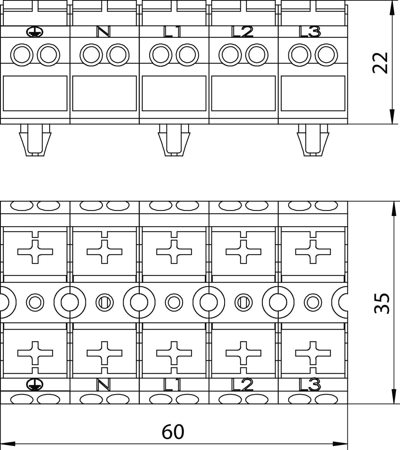 Technische Zeichnung eines elektrischen Schaltgeräts mit Anschlussklemmen, markiert mit L1, L2, L3, N. Maße: 60x35x22 mm.