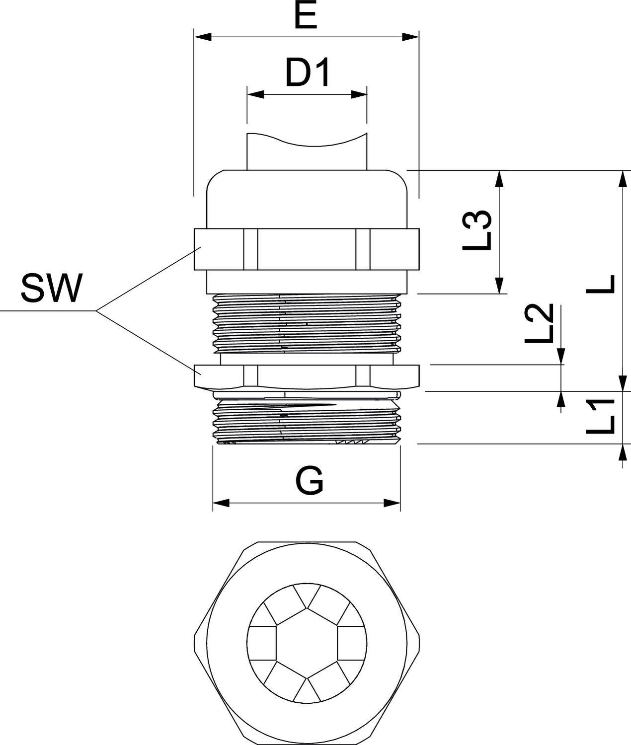 Technische Zeichnung einer Schraube mit Maßangaben: E, D1, L3, L2, L1, L. Ober- und Seitenansicht zeigen Konstruktionsdetails.