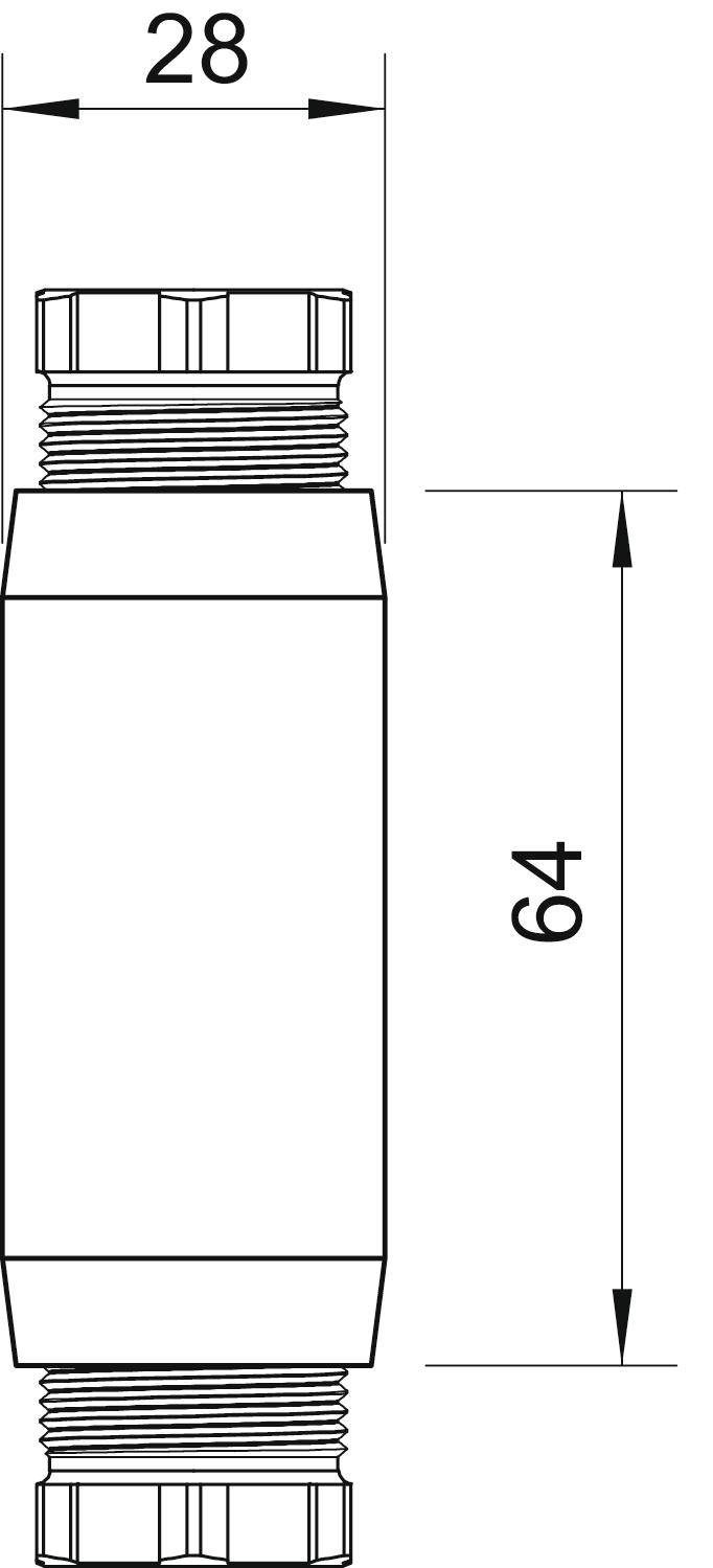 Technische Zeichnung eines zylindrischen Teils mit Gewinde an beiden Enden, 28 mm breit, 64 mm hoch.