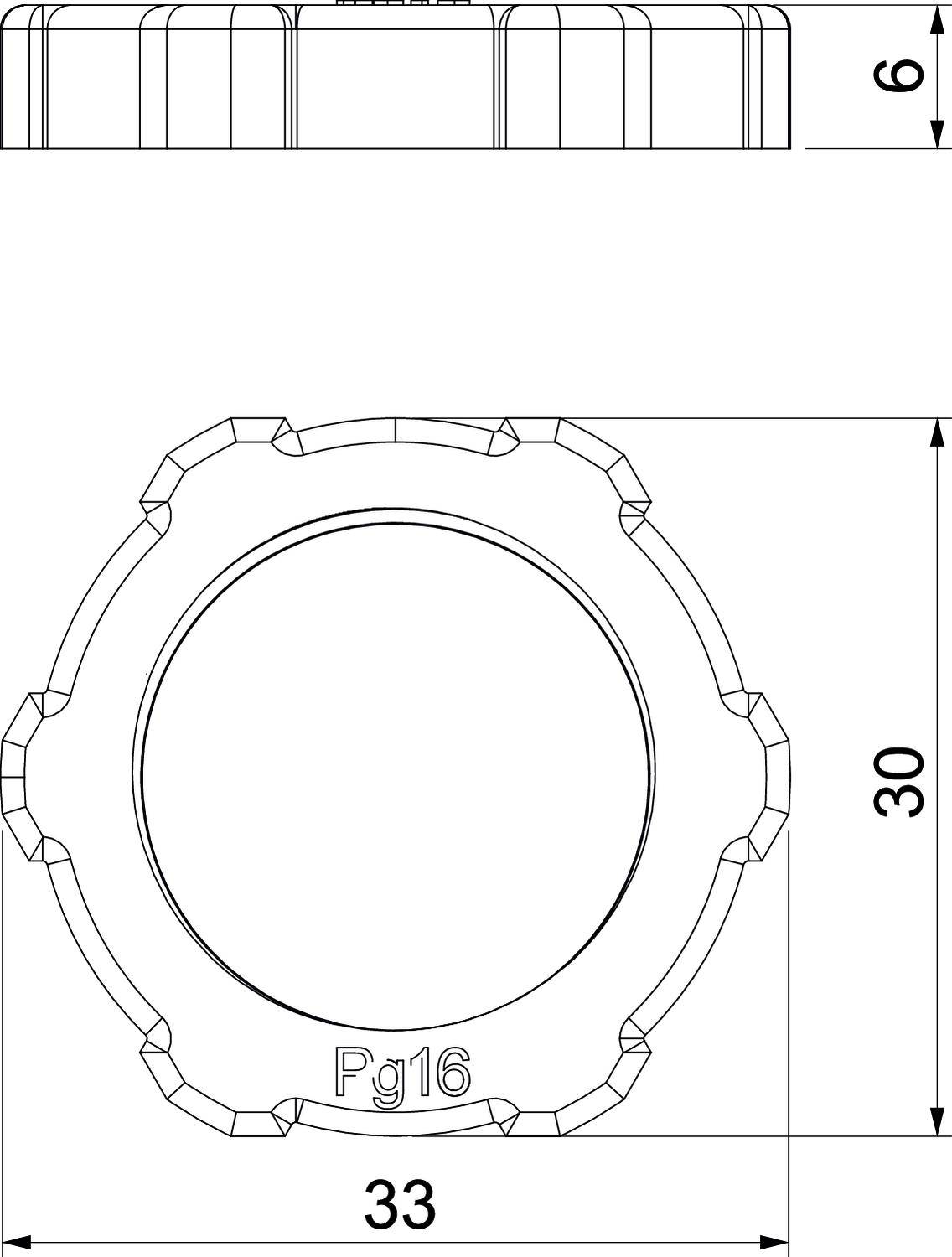 Technische Zeichnung einer Sechskantmutter mit den Maßen 6 mm Höhe und 33 mm Durchmesser. Unter dem Hexagon steht 'Pg16'.
