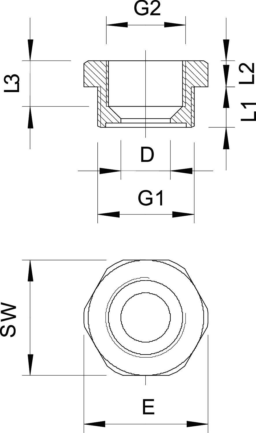 Technische Zeichnung einer Sechskantmutter mit Maßen: L1, L2, L3, D, G1, G2, SW, E. zeigt Querschnitt und Draufsicht.