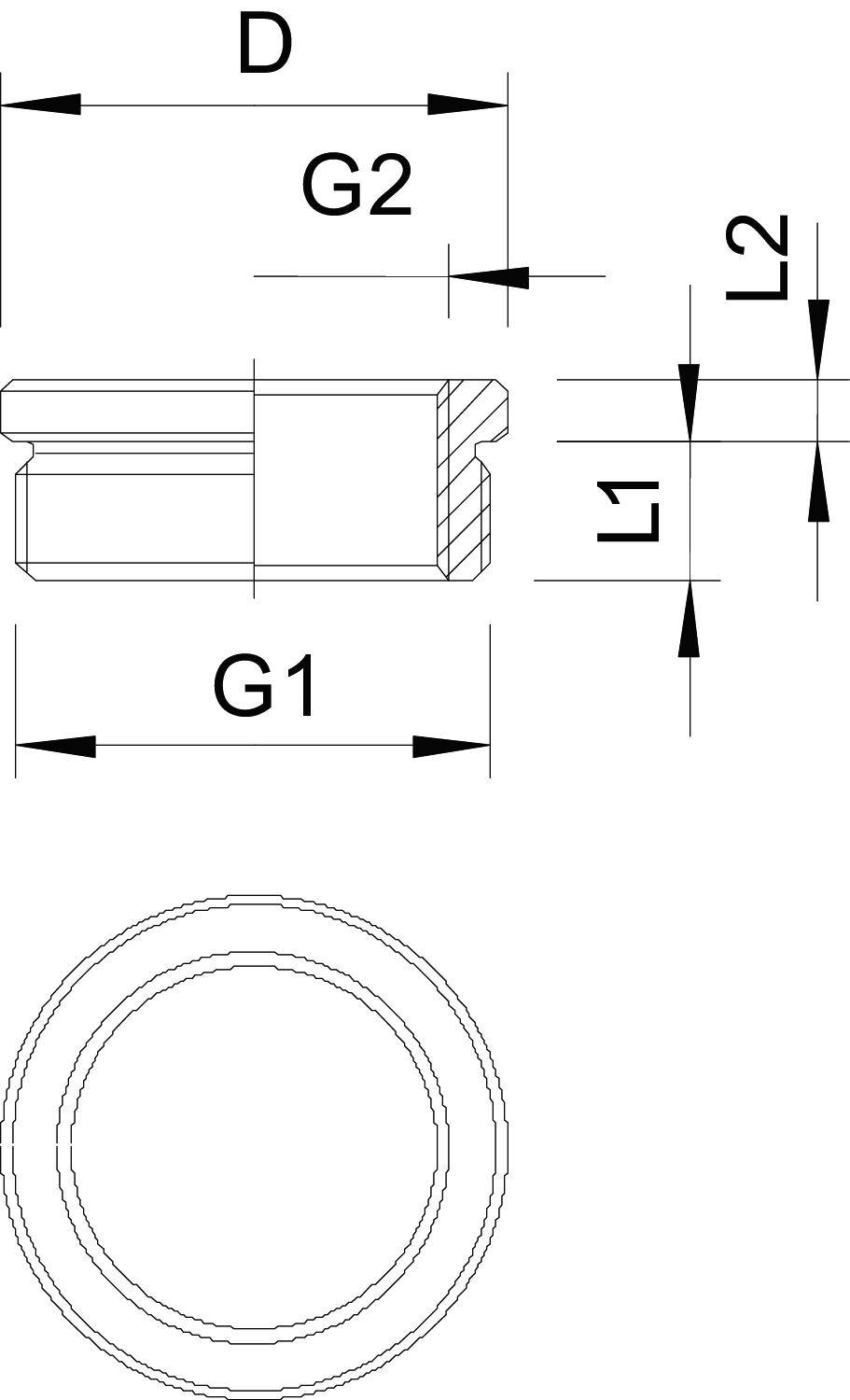 Technische Zeichnung eines Zylinders im Querschnitt mit Abmessungen D, G1, G2, L1 und L2. Draufsicht zeigt kreisförmigen Zylinder.