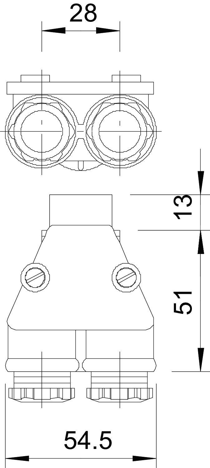 Technische Zeichnung eines Y-förmigen Verbindungsstücks mit Maßangaben: Oben 28 mm, Länge 51 mm, gesamt 54,5 mm, Höhe 13 mm.