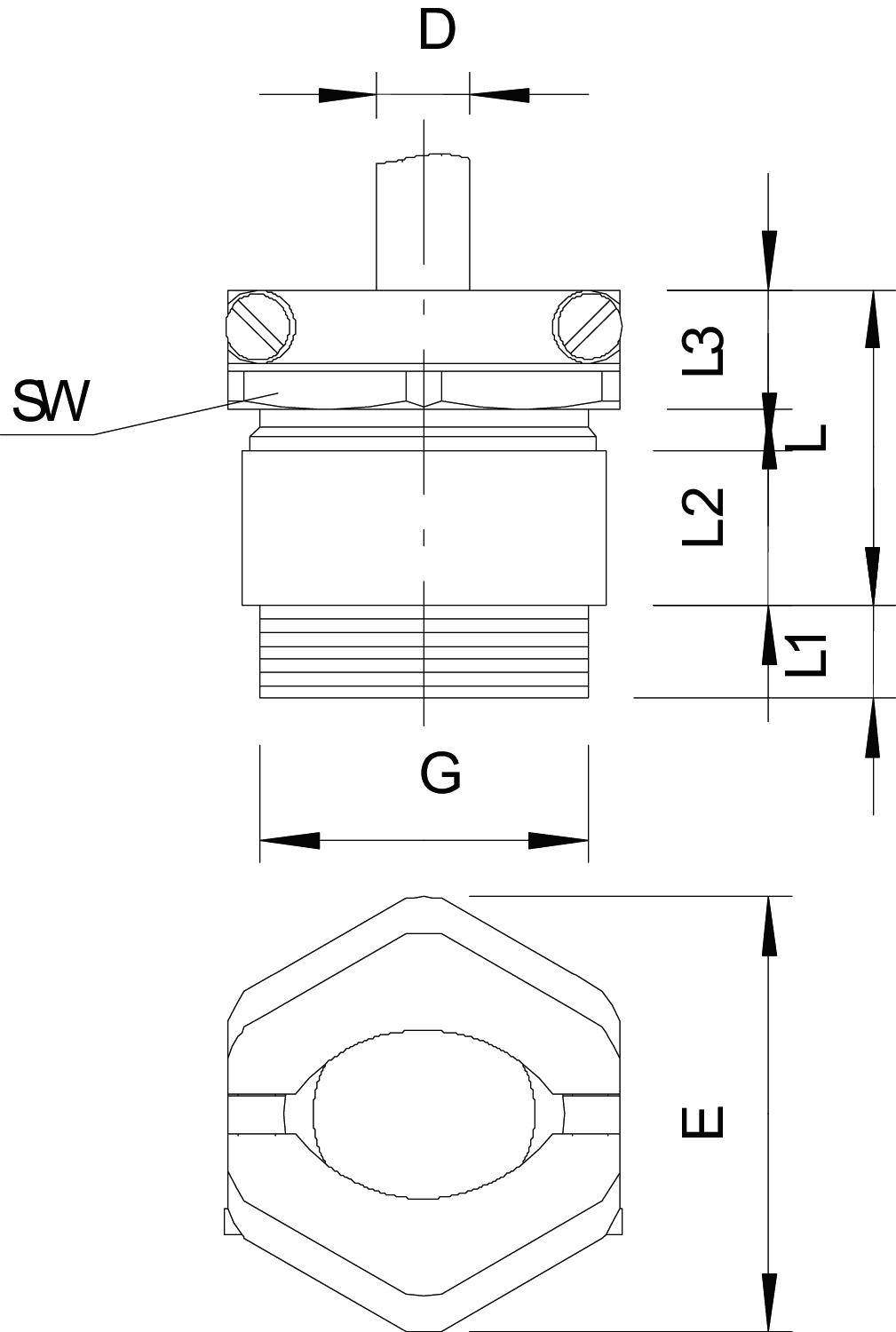 Zeichnung eines Ventils mit Maßen: Durchmesser oben (D), Länge unten (L1 bis L3) und Breite (E, SW), Gewindegröße (G). Draufsicht und Seitenansicht.
