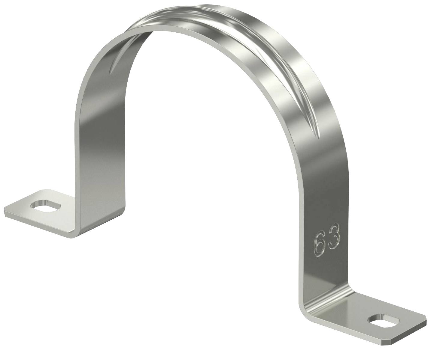 Metallhalterung mit zwei Befestigungslöchern, gekrümmtem Bogen und Gravur '63'.