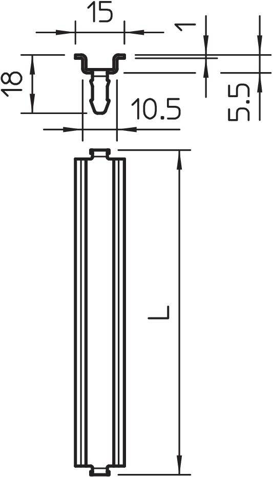 Technische Zeichnung eines Profils mit den Maßen: Breite 15 mm, Höhe 18 mm, innen 10,5 mm. Zeigt Dimensionen für Konstruktion.