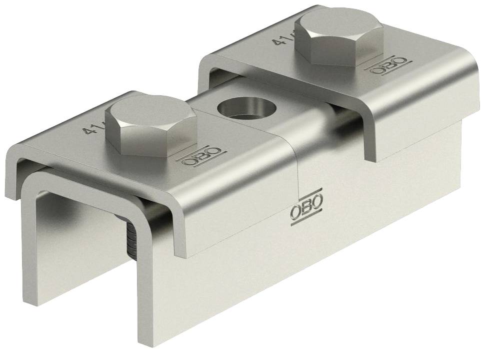 Metallklemmhalterung mit zwei Schrauben, silberfarben, Markenlogo 'OBO' sichtbar. Verwendet für sichere Befestigungen.
