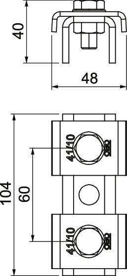 Technische Zeichnung einer Befestigungsklemme mit seitlichen Maßangaben: Breite 48 mm, Höhe 40 mm, Gesamthöhe 104 mm, Mitte 60 mm.