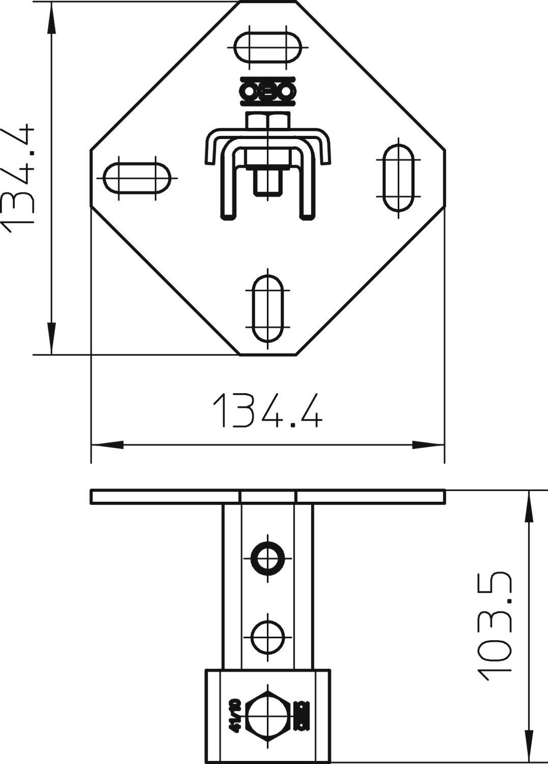 Technische Zeichnung einer Befestigungsplatte mit Abmessungen: 134,4 x 134,4 mm. Seitenansicht zeigt vertikale Montage mit 103,5 mm Höhe.