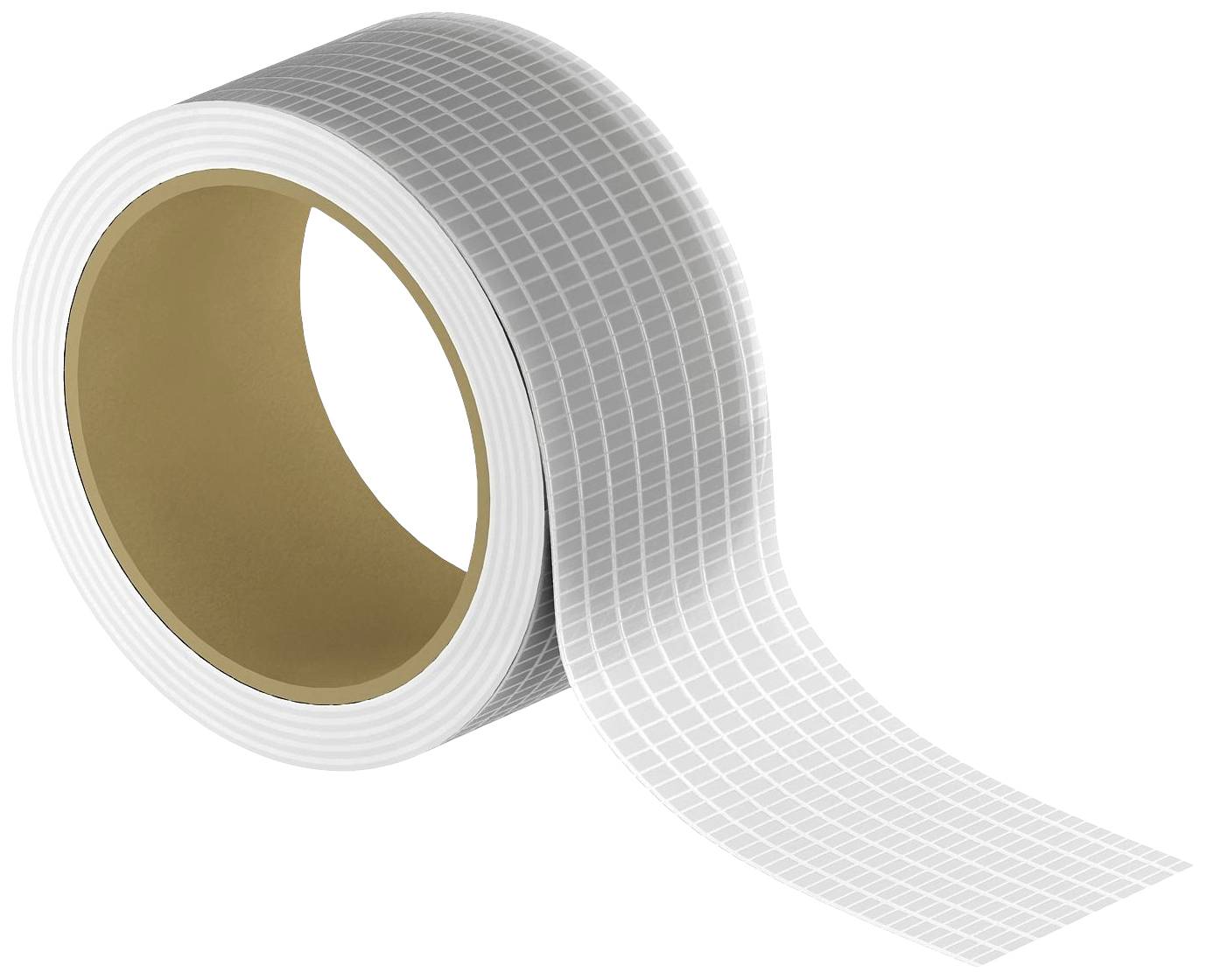 Eine Rolle weißes Klebeband mit Gittermuster, teilweise entrollt, liegt auf weißem Hintergrund.