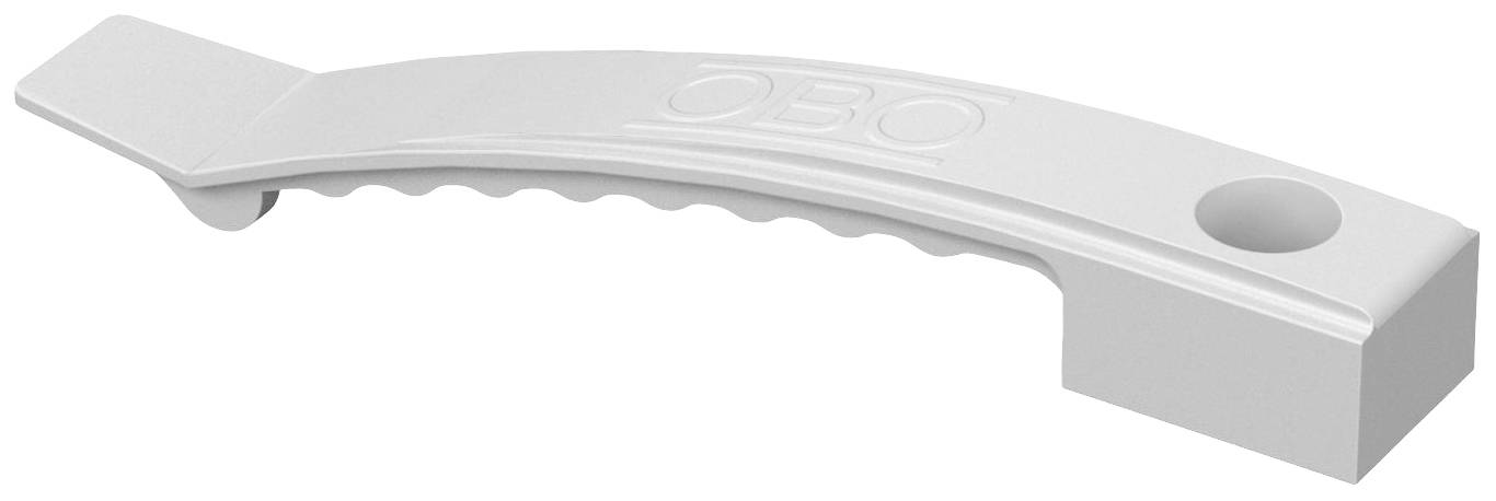 Ein gebogener Kunststoffhaken mit dem Aufdruck 'OBO'. Er hat ein geriffeltes Muster auf der Unterseite und eine kreisförmige Aussparung.