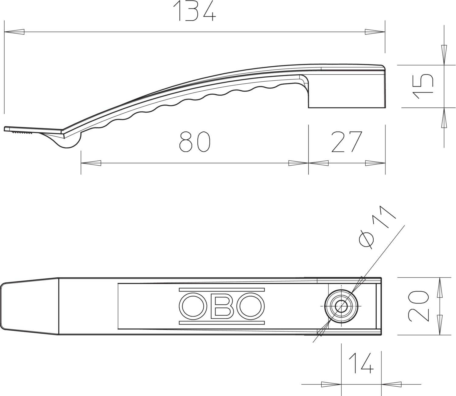 Technische Zeichnung eines gebogenen Metallhakens mit Abmessungen in Millimetern. Der Haken ist 134 mm lang und hat einen Durchmesser von 11 mm.