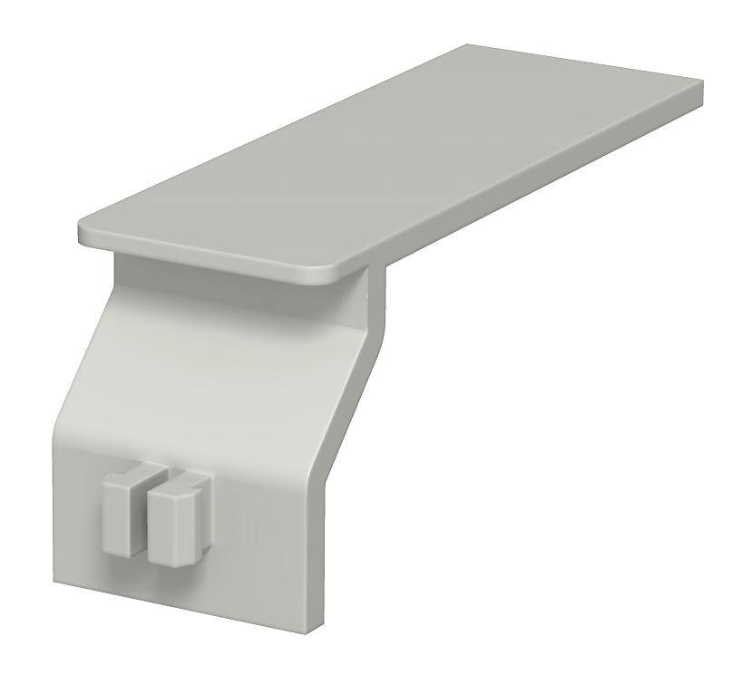 Ein graues, rechteckiges Kunststoffbauteil mit einem angewinkelten Ende und zwei kleinen Haken unten.