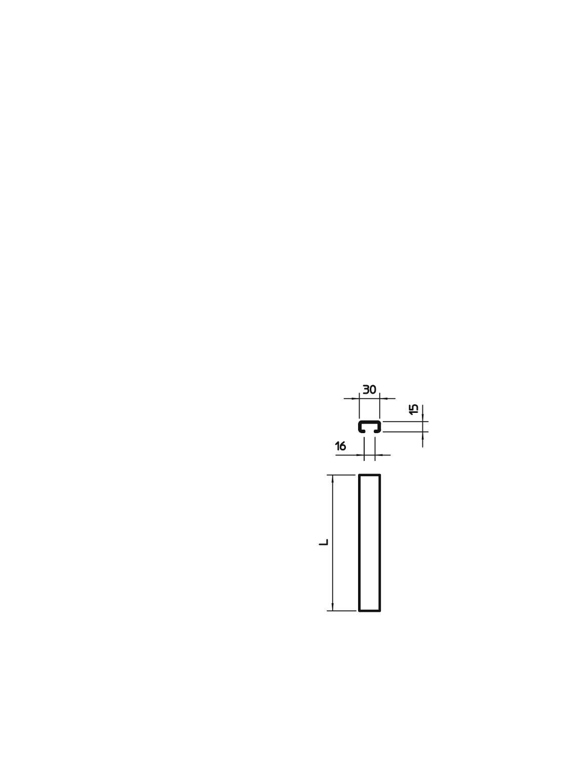 Technische Zeichnung eines rechteckigen Profils mit den Maßen: Höhe 30 mm, Breite 16 mm, Wandstärke 15 mm. Länge mit 'L' angegeben.