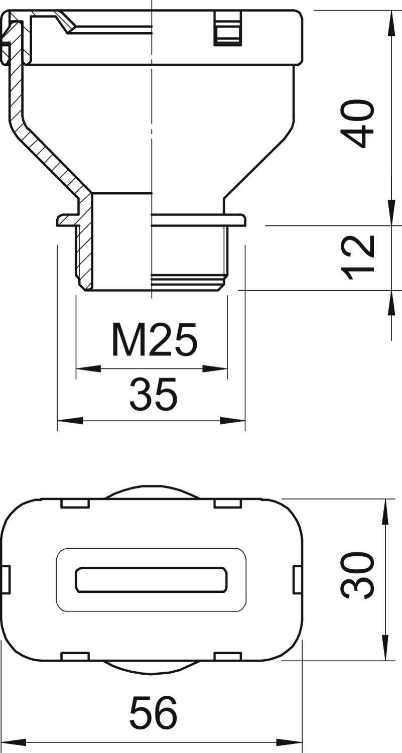 Technische Zeichnung eines Bauteils mit Maßen: 40 mm Höhe, 35 mm Breite, 12 mm Einbautiefe. Anschlussmaß M25, Breite unten 56 mm.