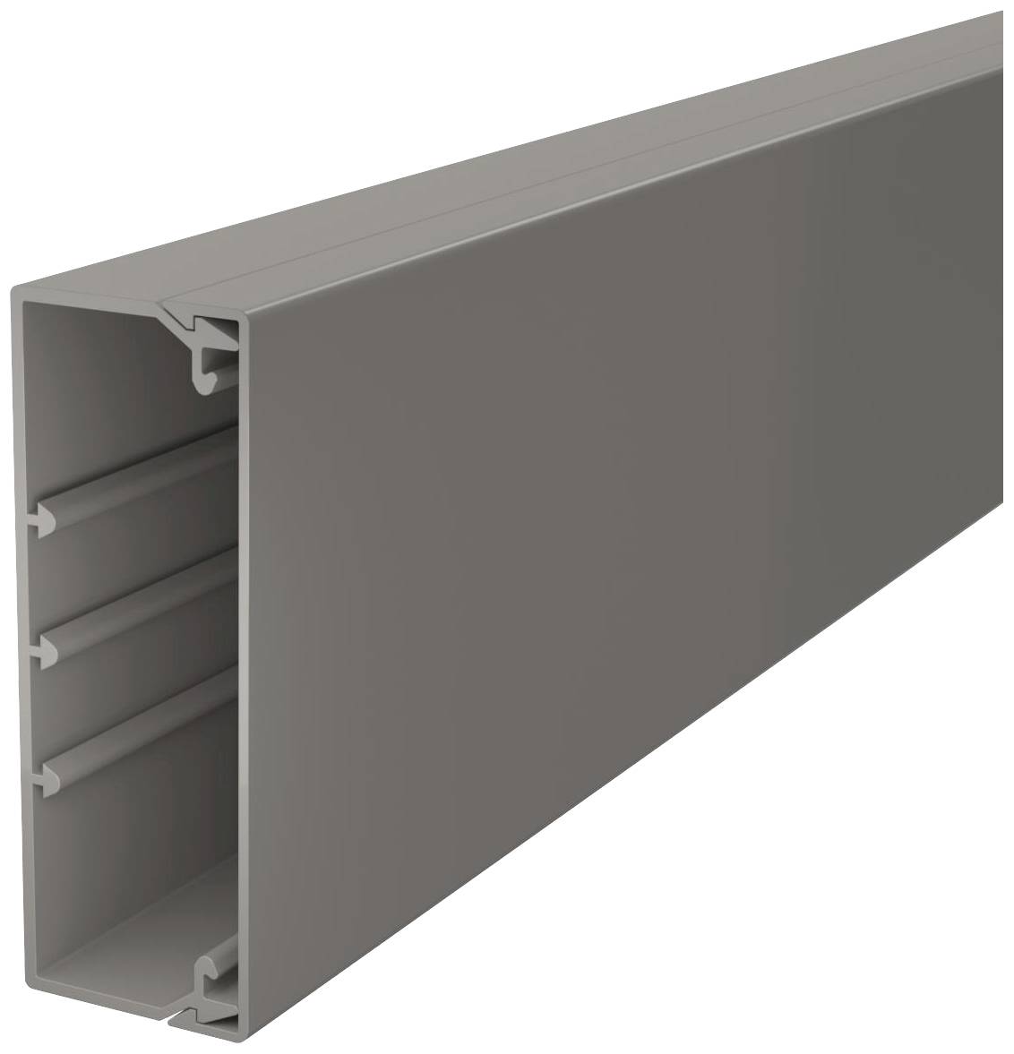 Metallprofil in L-Form, grau, mit drei Fächern im Inneren, verwendet für Bau- oder Montagezwecke.