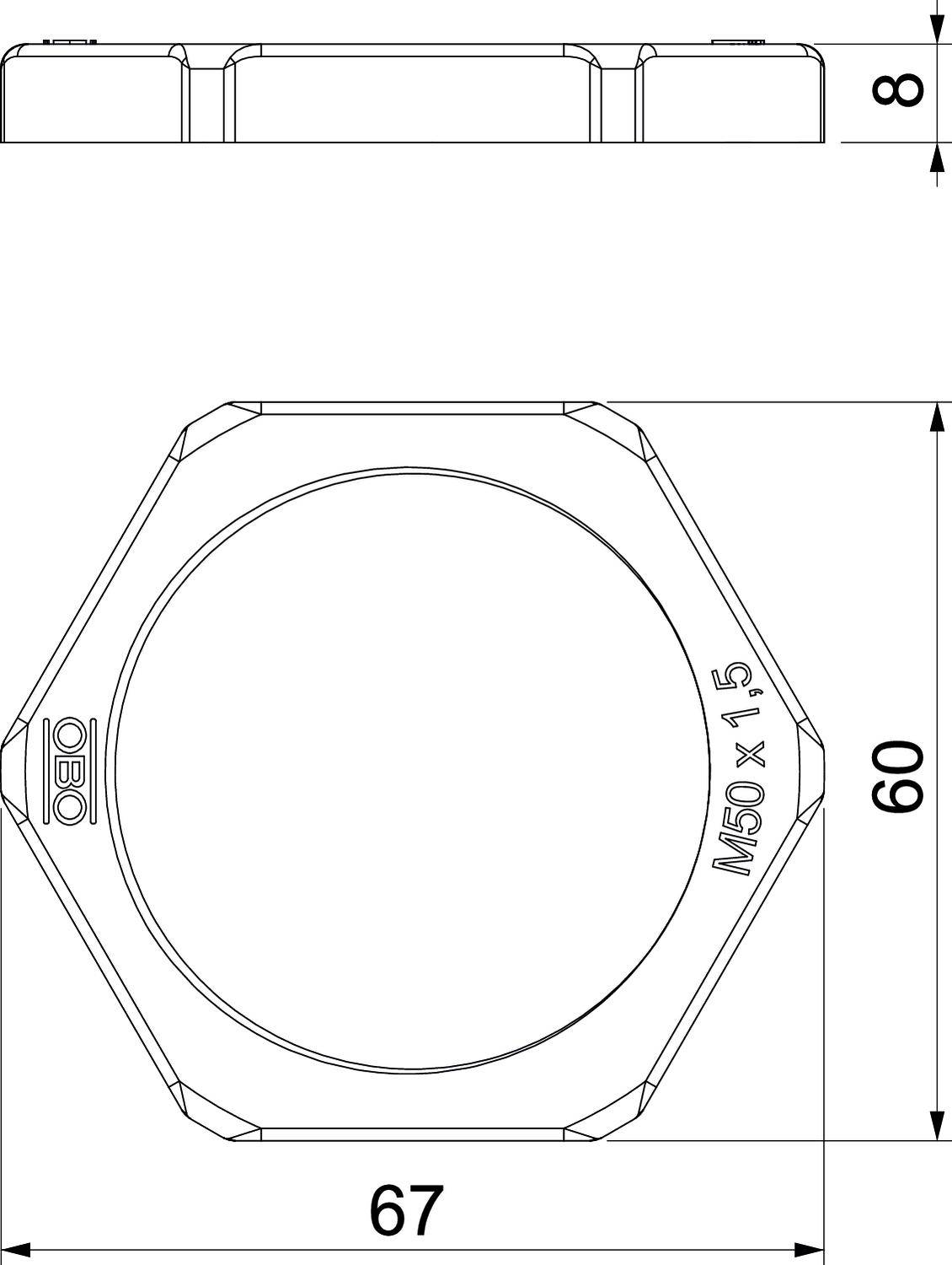 Technische Zeichnung einer Sechskantmutter. Hauptansicht zeigt 'M50 x 1.5' und Seitenansicht mit Maßen: 67 mm Durchmesser, 60 mm Innendurchmesser, 8 mm Dicke.
