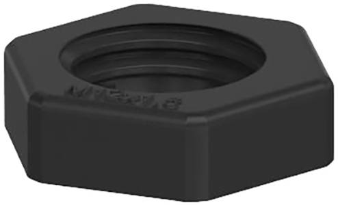 Sechskantmutter, schwarz, M12-Aufschrift, aus Metall, Seitenansicht, industrielles Verbindungselement.