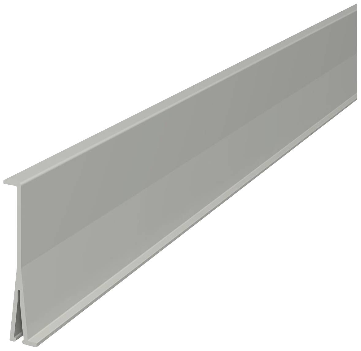 Ein graues Metallprofil in T-Form, das für Bau- oder Strukturzwecke verwendet wird. Ideal für Verstärkung oder Kantenschutz.