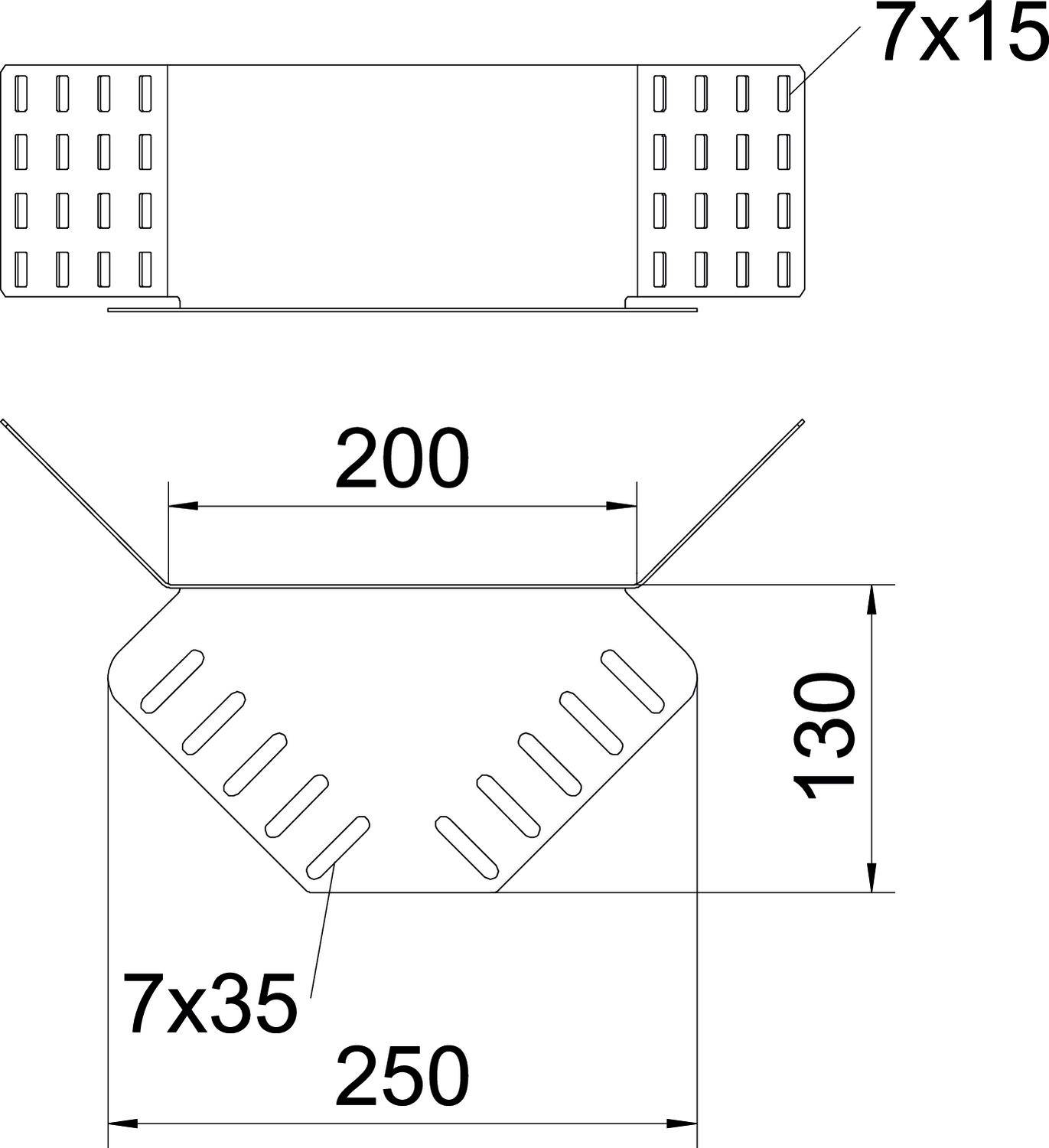 Technische Zeichnung eines Bauteils mit Maßen: Oberseite zeigt Breite 7x15, Vorderansicht zeigt 200 mm Breite, 130 mm Höhe, 250 mm Gesamtbreite.