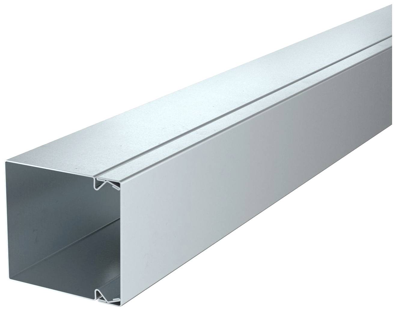 Metallisches Kanalsystem zur sicheren Führung von Kabeln, mit rechteckigem Querschnitt, in einem hellgrauen Farbton.