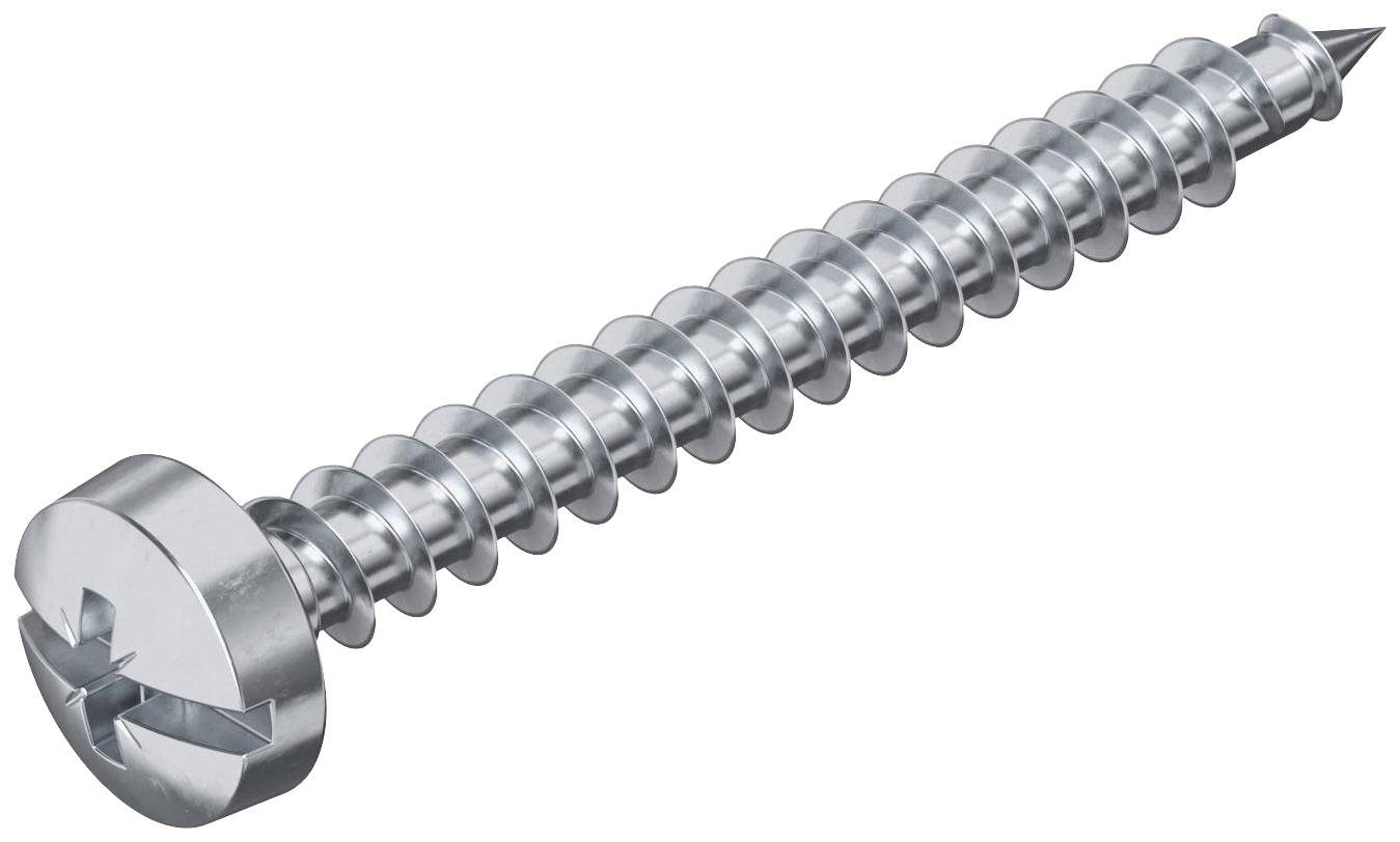 Metallschraube mit Kreuzschlitzkopf, silberfarben, liegend auf weißem Hintergrund.