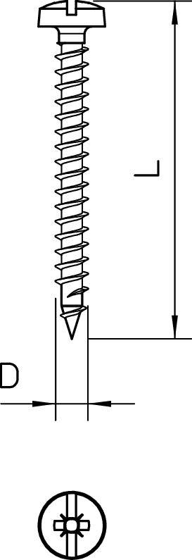 Diagramm eines Schraubenziehers mit Gewinde, Schraubenkopf mit Schlitzansicht und Pfeilen, die die Länge und Breite anzeigen.