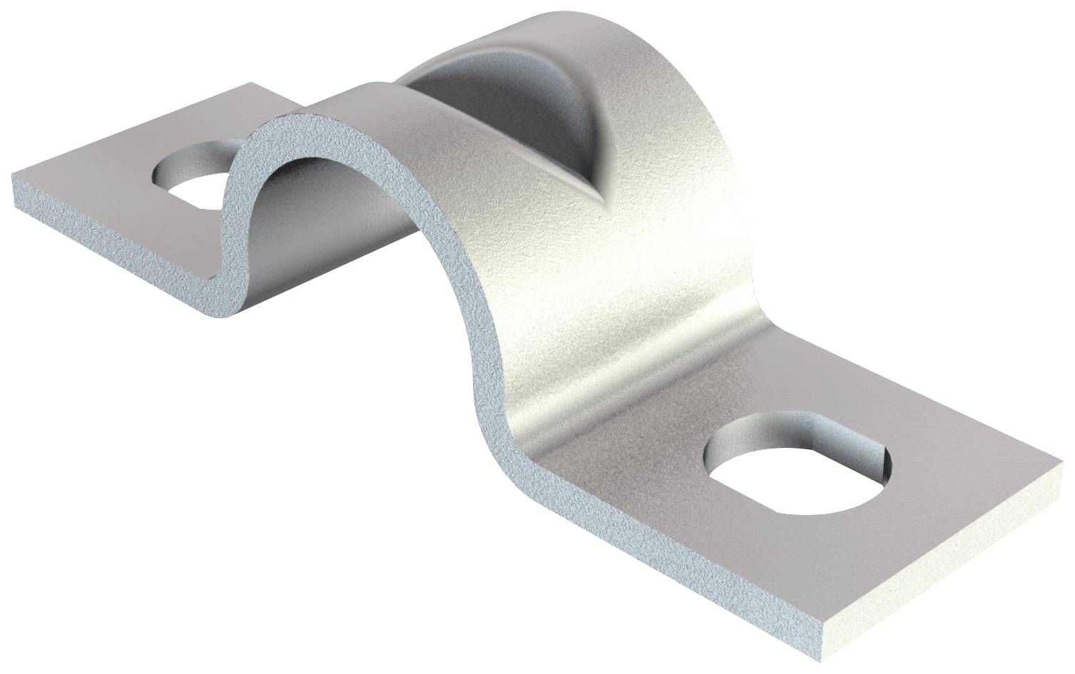 Metallschelle mit halbrundem Profil und zwei Befestigungslöchern zur Sicherung von Kabeln oder Rohren an Oberflächen.
