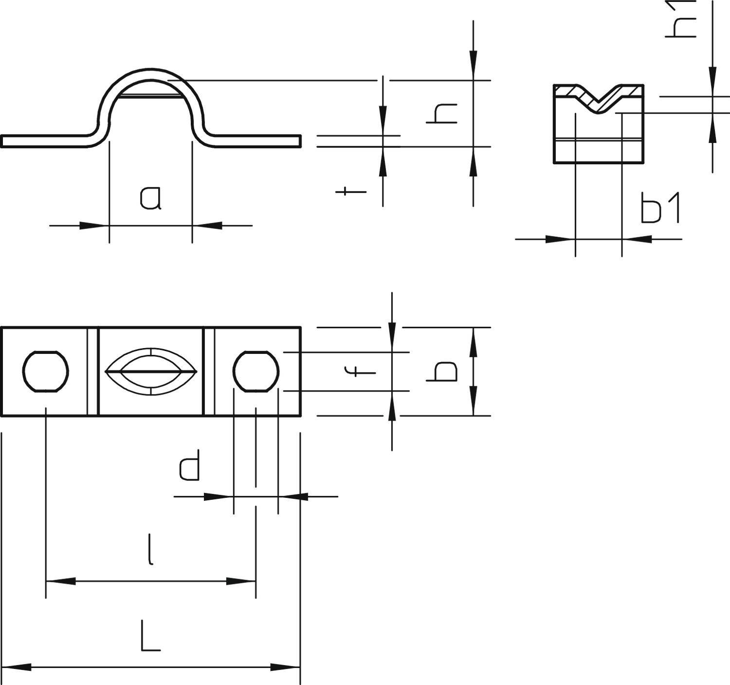 Technische Zeichnung einer Metallklammer mit Maßen: Breite 'a', Höhe 'h', Materialdicke 't', und weiteren Maßen wie 'b1', 'f', 'd'.