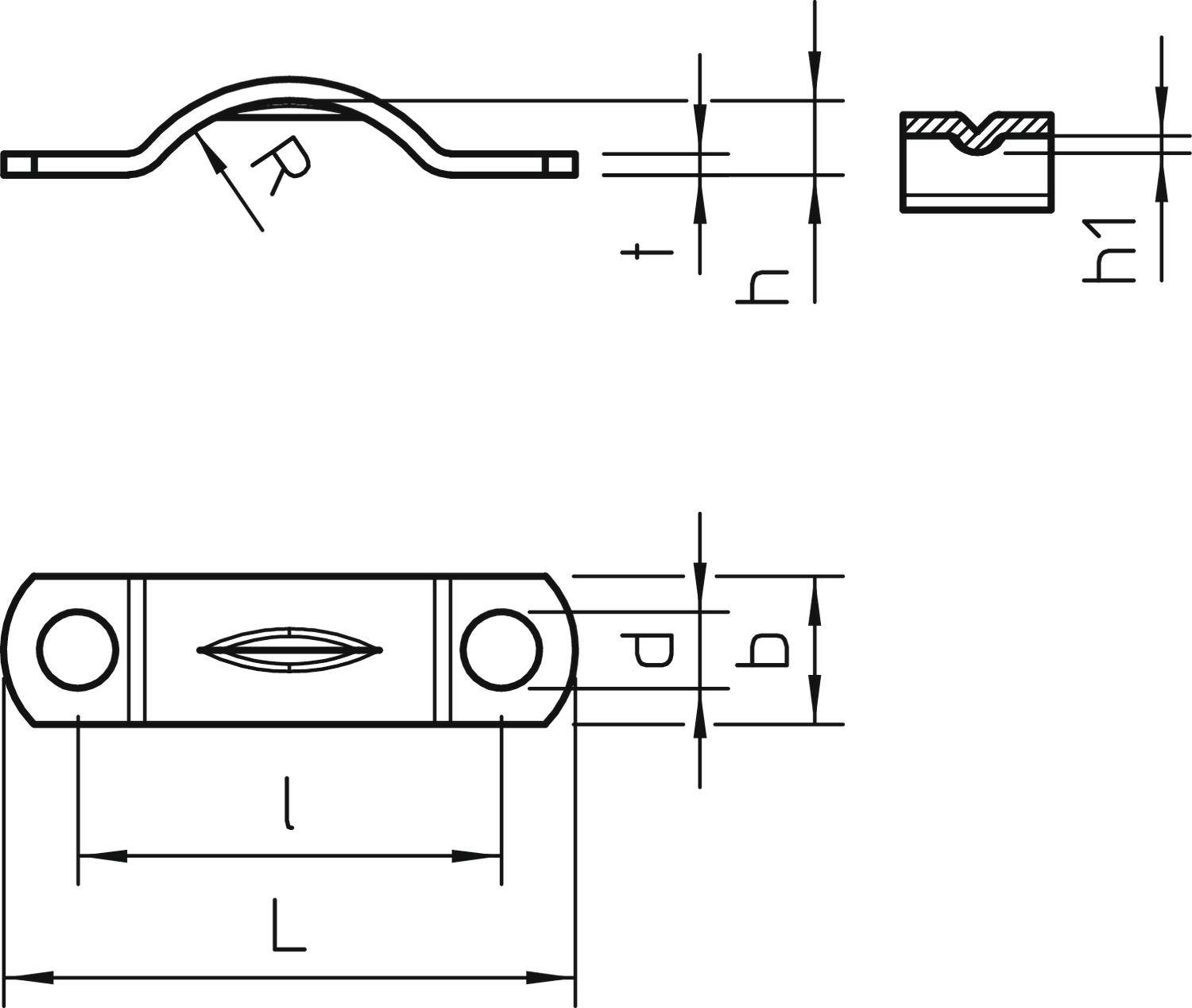 Technische Zeichnung eines Befestigungsclips mit Maßen für Breite, Höhe, und Radius; zeigt Profilansicht und Querschnitt.