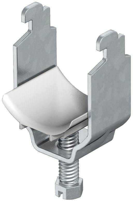 Metallclip mit Schraube, entwickelt zur Befestigung von Kabeln oder Rohren an Oberflächen.