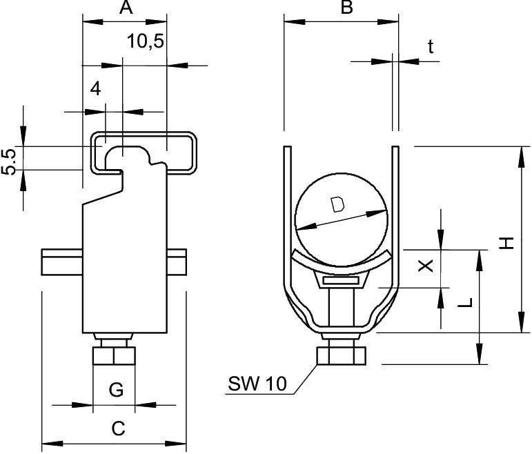 Technische Zeichnung eines Metallverschlusses mit Maßen: A, B, C, G, H, und X. Schraubenschlüsselgröße SW 10 angegeben.