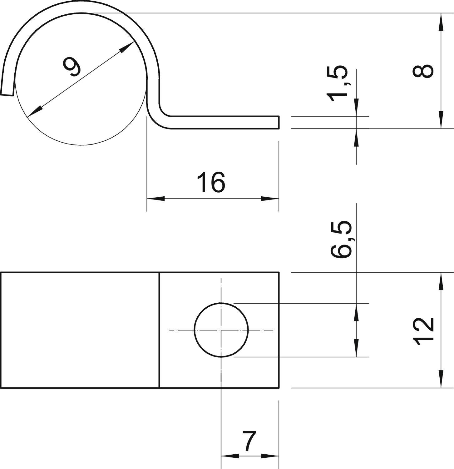 Technische Zeichnung eines Bauteils mit Abmessungen: runder Bereich mit Durchmesser 9, Gesamtlänge 16, Höhe 8, Breite 12.