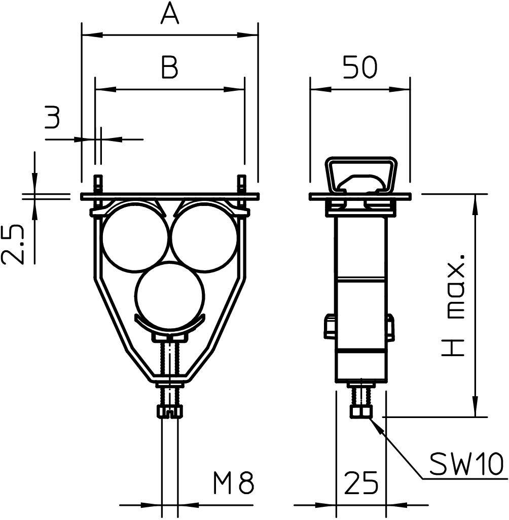 Technische Zeichnung eines Bauteils mit Maßen, Vorder- und Seitenansicht. Enthält Maße B=50, SW10, und weitere spezifische Markierungen.