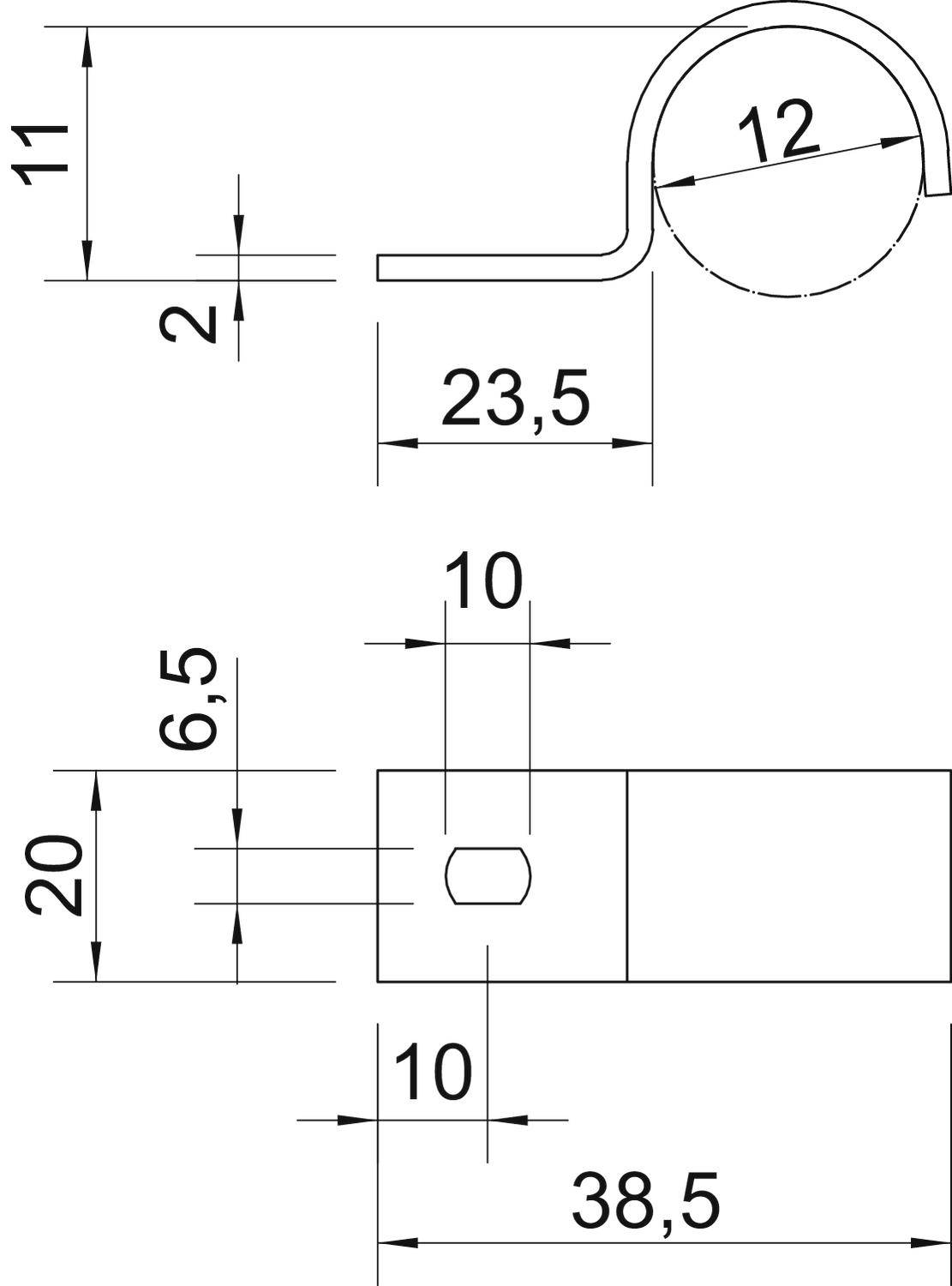 Technische Zeichnung einer Metallklammer: Seitenansicht mit Maßen in Millimetern. Rechteckige Basis, kreisförmige Oberseite.